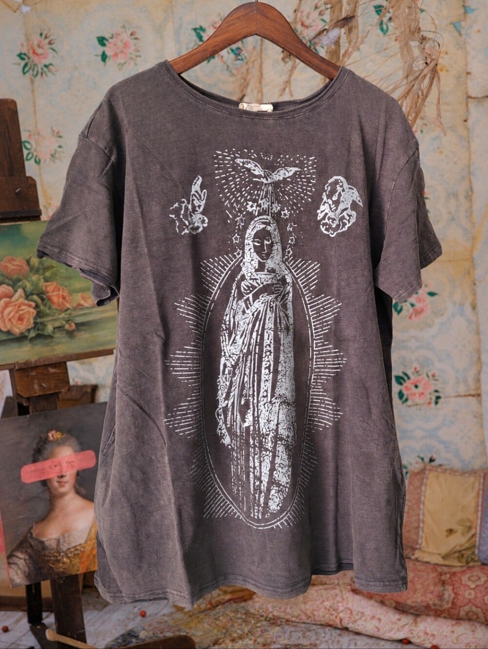 Magnolia Style Washed Black Graphic Boho Virgin Tee Shirt Tunic Top Blouse XL NW